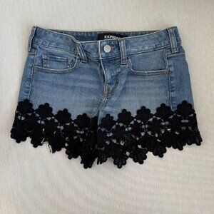 Express Denim Shorts with Black Lace Trim | Boho Festival Jean Shorts | Size 00